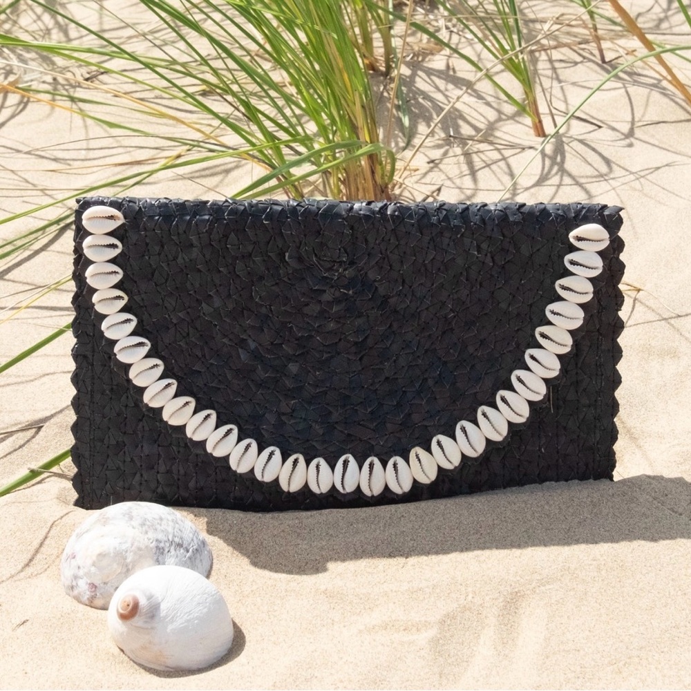 Black Woven Clutch with Shell Accents
